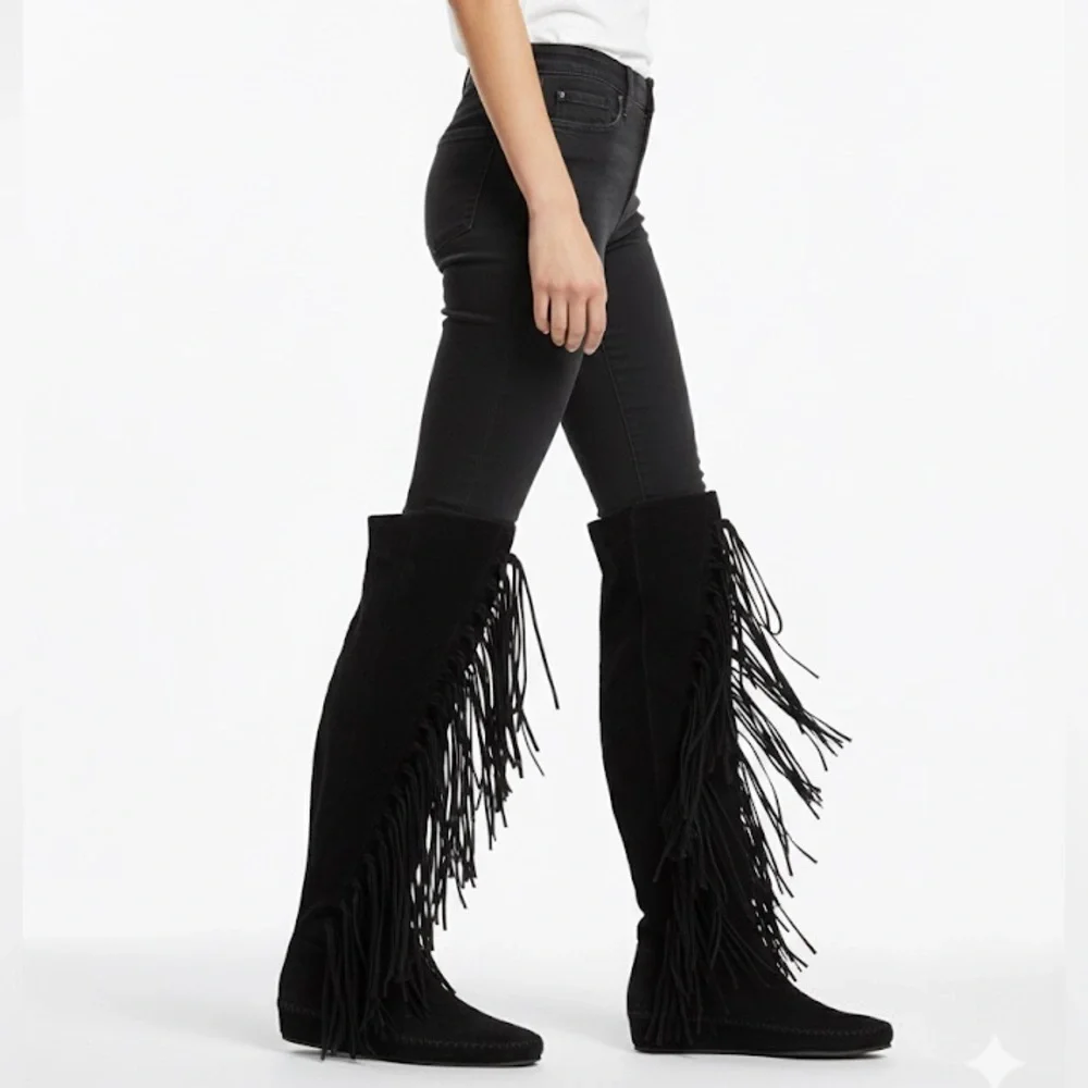 NIB ETRO Suede Fringe Over The Knee Moccasin Boot Black Sz 36